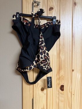 Black two Piece Swimsuit with Leopard Trim